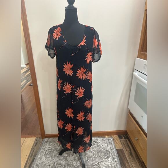 Just Class Large Black and Orange Floral dress lightweight lace up back tie - Picture 1 of 7